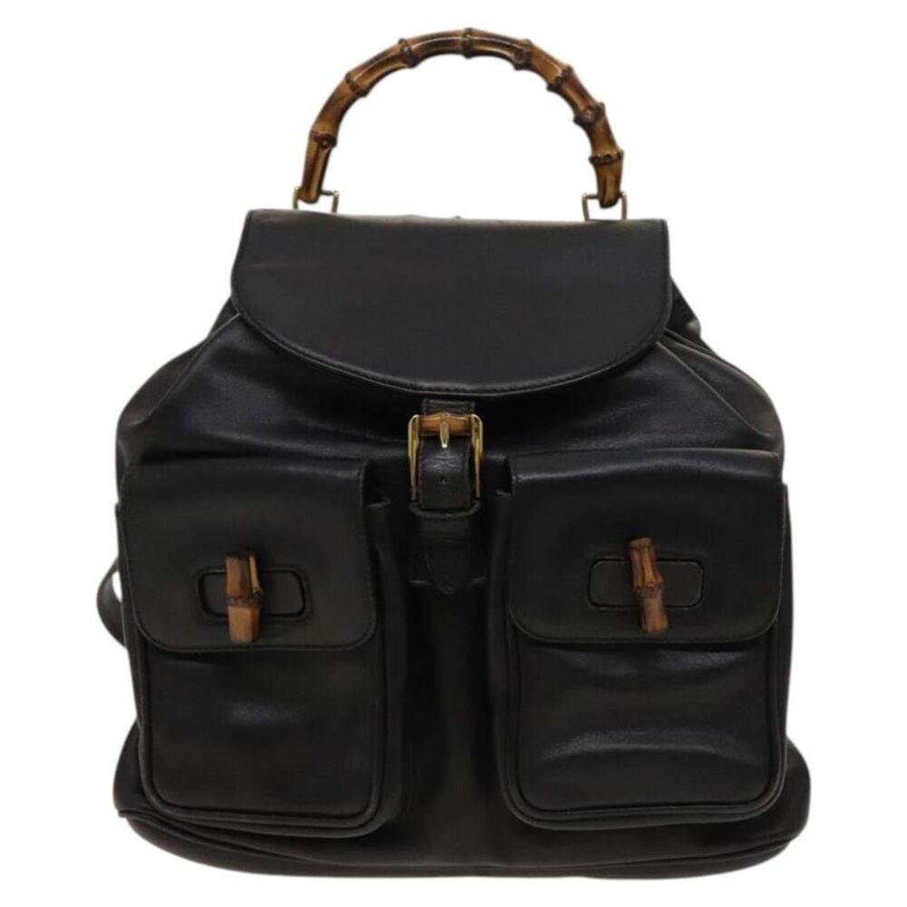 Gucci Vintage Bamboo Backpack Leather Black Leather Backpack Bag